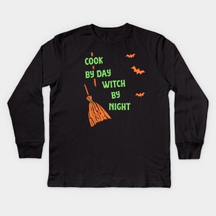 Cook By Day Witch By Night Shirt Funny Witch Party Tshirt Halloween Spooky Gift Scary Pumpkin Tee Kids Long Sleeve T-Shirt